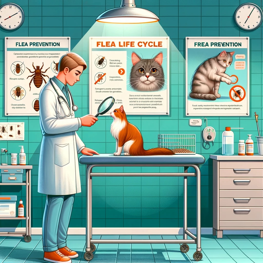 Veterinarian checking cat for fleas in clinic, with educational posters on flea lifecycle and prevention in the background, emphasizing professional pet healthcare.