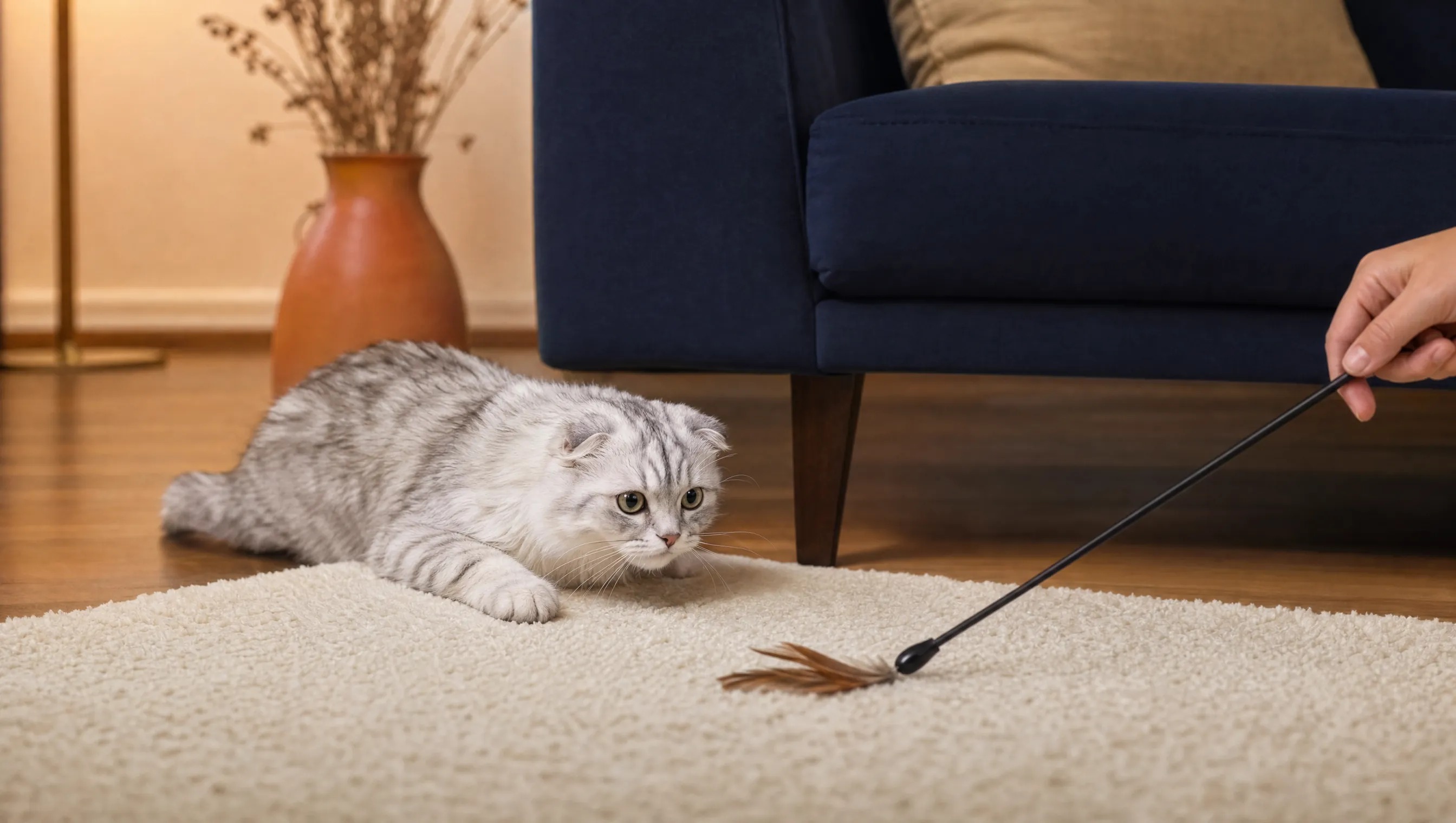 Silver-grey indoor cat crouching and stalking a feather wand toy on a rug
