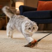 Silver-grey indoor cat chasing a feather wand toy across a living room rug