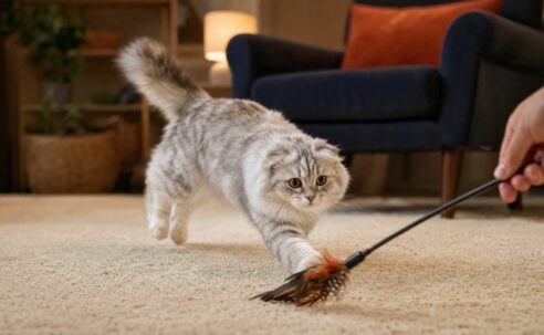Silver-grey indoor cat chasing a feather wand toy across a living room rug