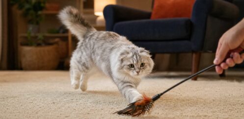 Silver-grey indoor cat chasing a feather wand toy across a living room rug