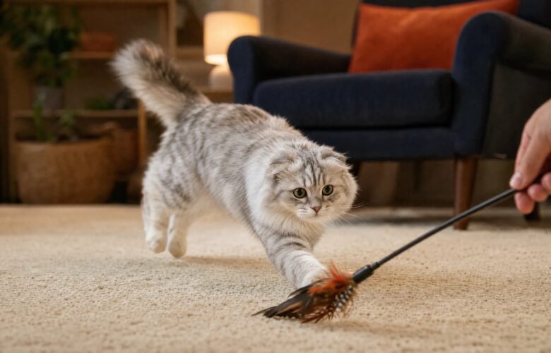 Silver-grey indoor cat chasing a feather wand toy across a living room rug