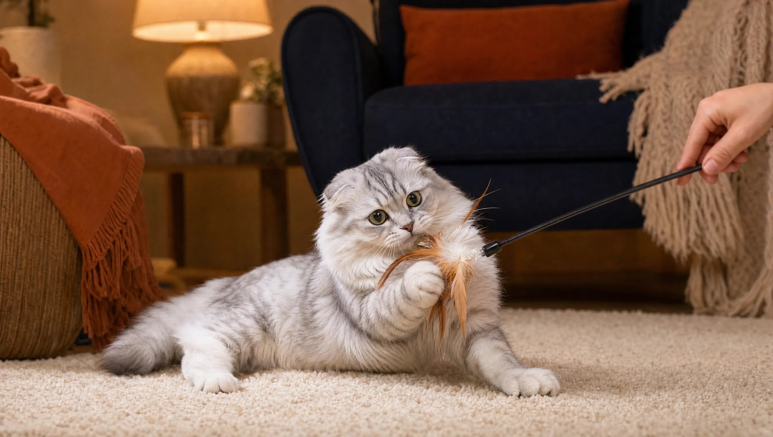 Silver-grey indoor cat catching a feather wand toy during interactive play