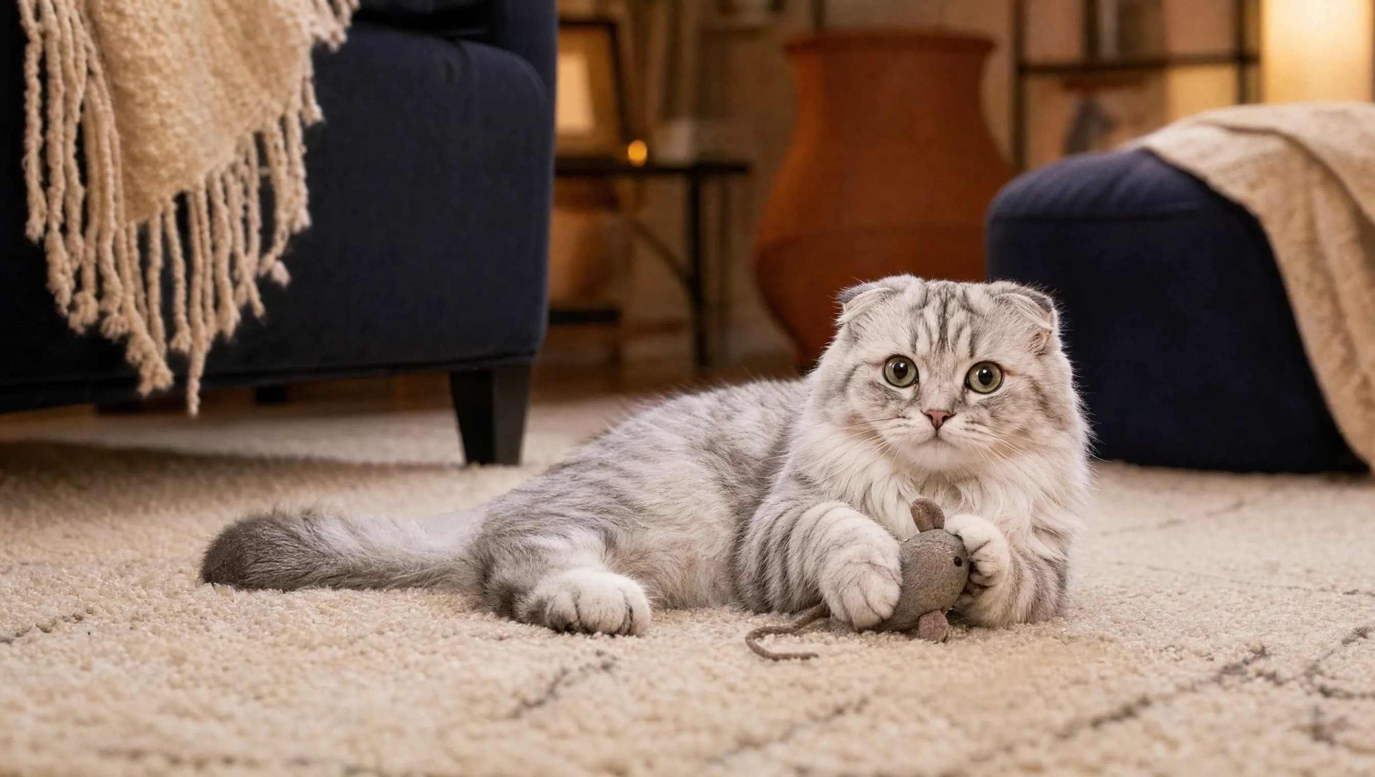 Silver-grey indoor cat resting on a rug while holding a small toy mouse